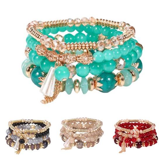 4Pcs/Set Boho Faux Agate Pearl Tassel Chain Charm Beaded Bracelet Women Jewelry