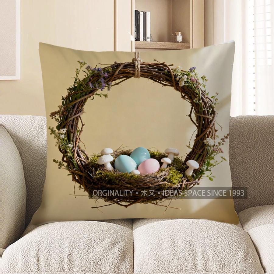 2D Wreath Nest With Eggs Floral Throw Pillow Pattern Cushion Cover Suitable For Sofa Bedroom Car Pillow Cover