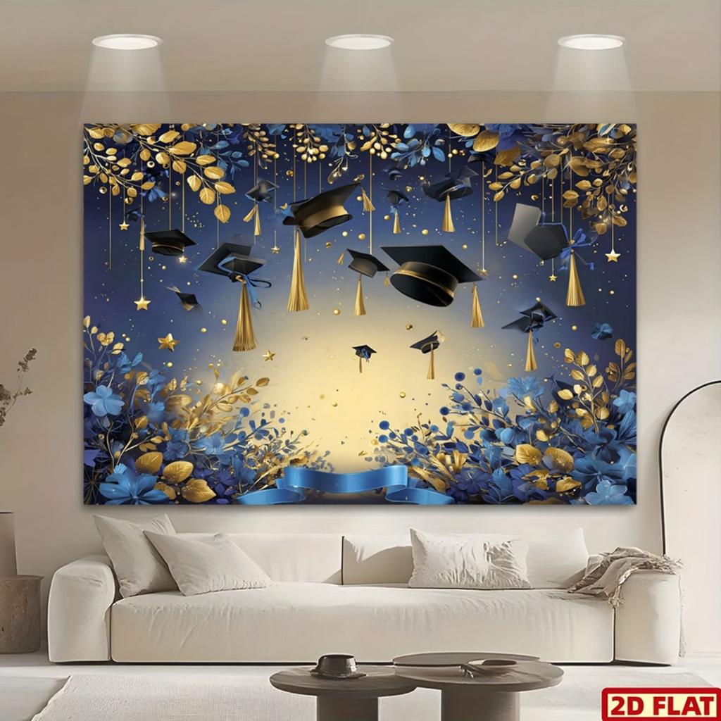 2D Flat 2D Flat - 2D Flat 2D Flat - 1pc 2D Flat Elegant Graduation Backdrop Black Graduation Gold Blue Gold Floral Decor Stars