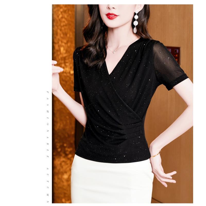 Summer New Style Cross V-neck Solid Color Mesh Bright Pink Slim Fit Short-sleeved Top for Women