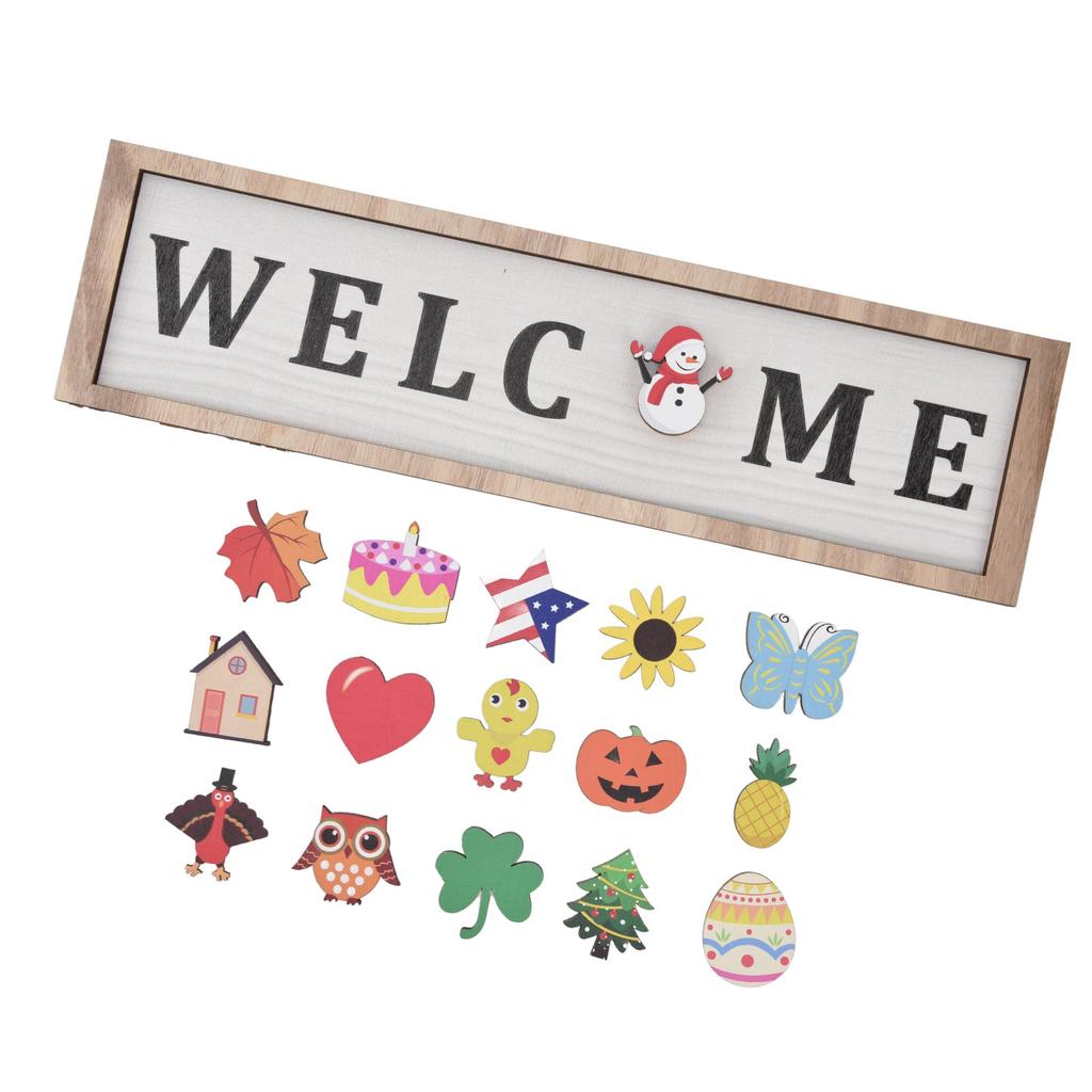 Door Sign Wooden Seasonal Rustic Welcome Door Decoration with 16 Interchangeable Icons for