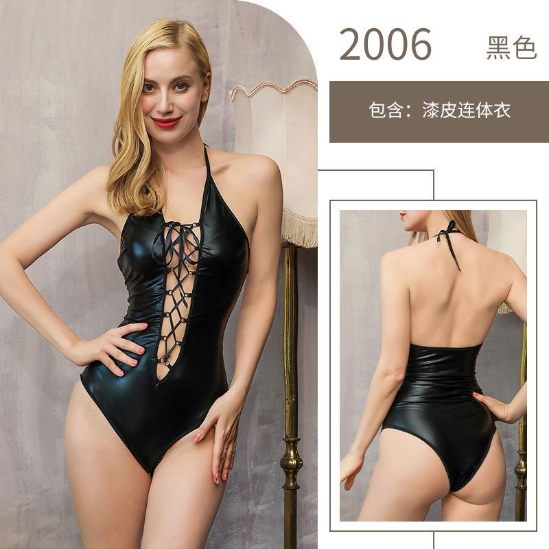 Sex Underwear One-piece Crotch Nightclub Performance Uniform Neck Strap Patent Leather Game Character Clothes