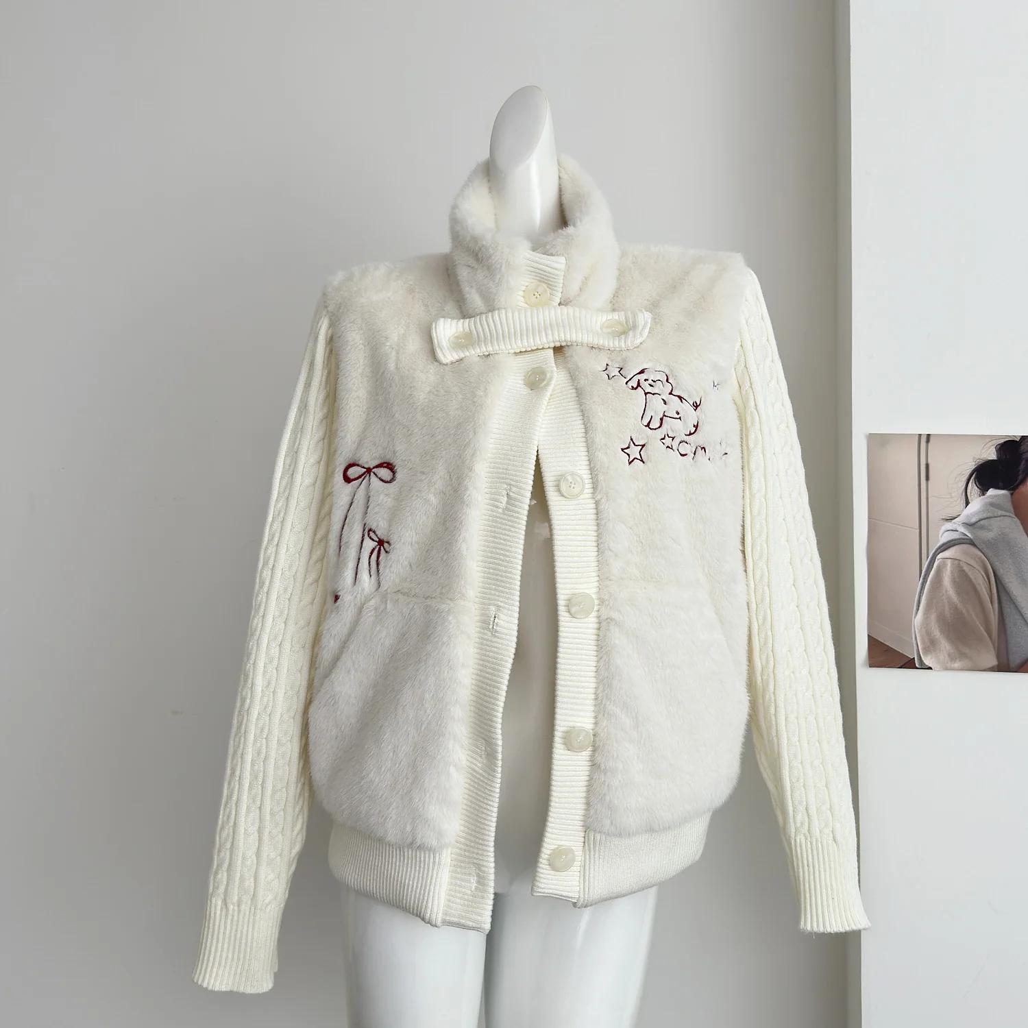 

Корейский зимний милый вязаный сплайсированный свитер, пальто, хлопковый кардиган, толстый бархат, свободные теплые топы, женская повседневная повседневная одежда 2024 XL бежевый