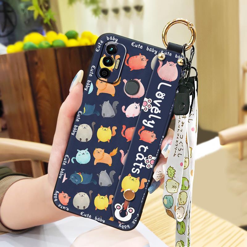 Silicone Anti-knock Phone Case For Tecno Spark 7/Spark7T Anti-dust Wrist Strap Cartoon Phone Holder Fashion Design Ring