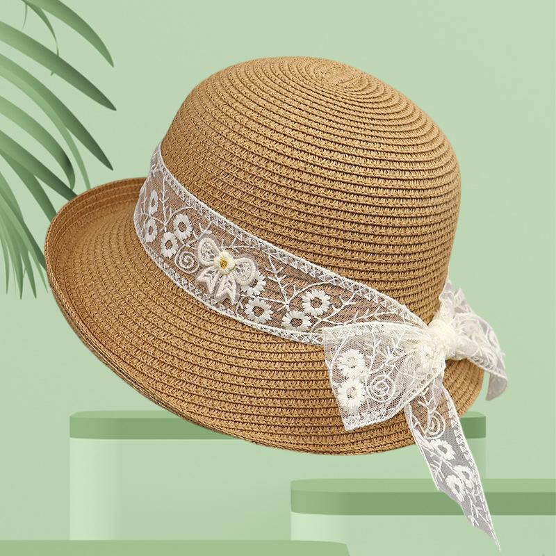 French Straw Hat Female Summer Sweet Cute Girl Floral Lace Strap Curled Sun Hat Seaside Beach Photo