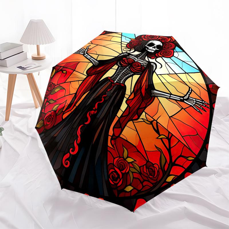 Arte de Parede Vitral Dia dos Mortos Decoração Esqueleto com Guarda-chuva de Rosas, Presente de Natal Y148