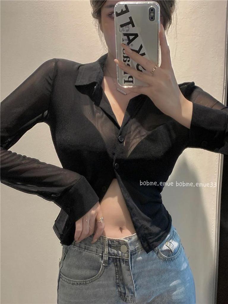 Women's Summer High Waist Black Mesh Shirt - Spicy, Chic, Sexy Sun Protection Top