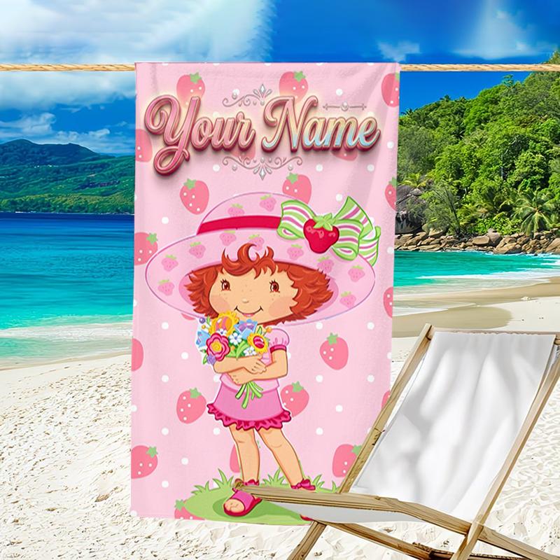 1pc Princess Strawberry Beach Towel with Custom Name, Beach and Seaside Swimming Pool Equipment, Fashion Pattern, Rectangular, Travel Essential