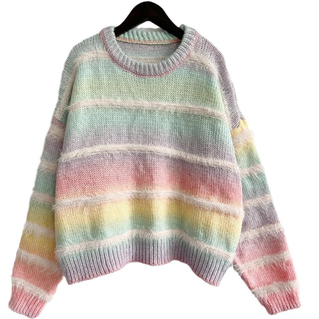 Autumn and winter loose gradient color striped imitation mink knitted round neck long sleeved pullover sweater for women 3557 KTB