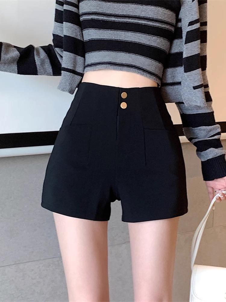 Women's High Waist Black Velvet A-Line Shorts with Elastic Slim Fit for Autumn