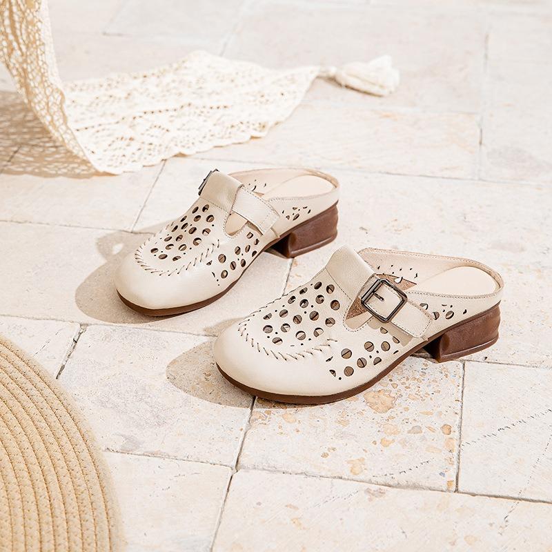 First layer cowhide summer women's sandals thick heel sandals beef tendon soft bottom soft surface mother wear bag head hollow women's slippers