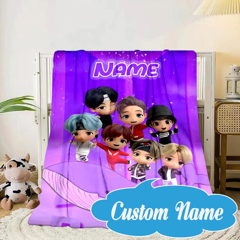 Custom Name K-pop BTS Artwork Characters Blanket bed sofa Blanket Flannel Blanket for Camping, Hiking, Picnic Essentials,gift for Fan family