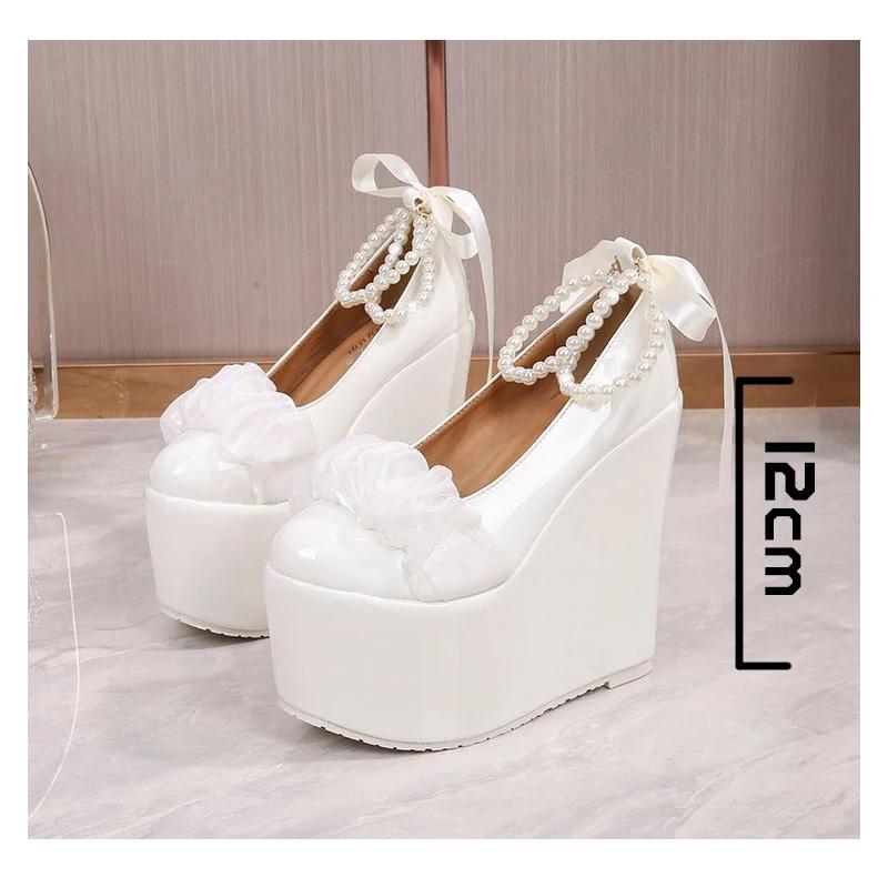 Fashion 15cm 12cm 10cm Sweet High Heel Platform Shoes Wedge Heels Pumps Women Shoes Bride Wedding Rhinestone White Shoes Elegant