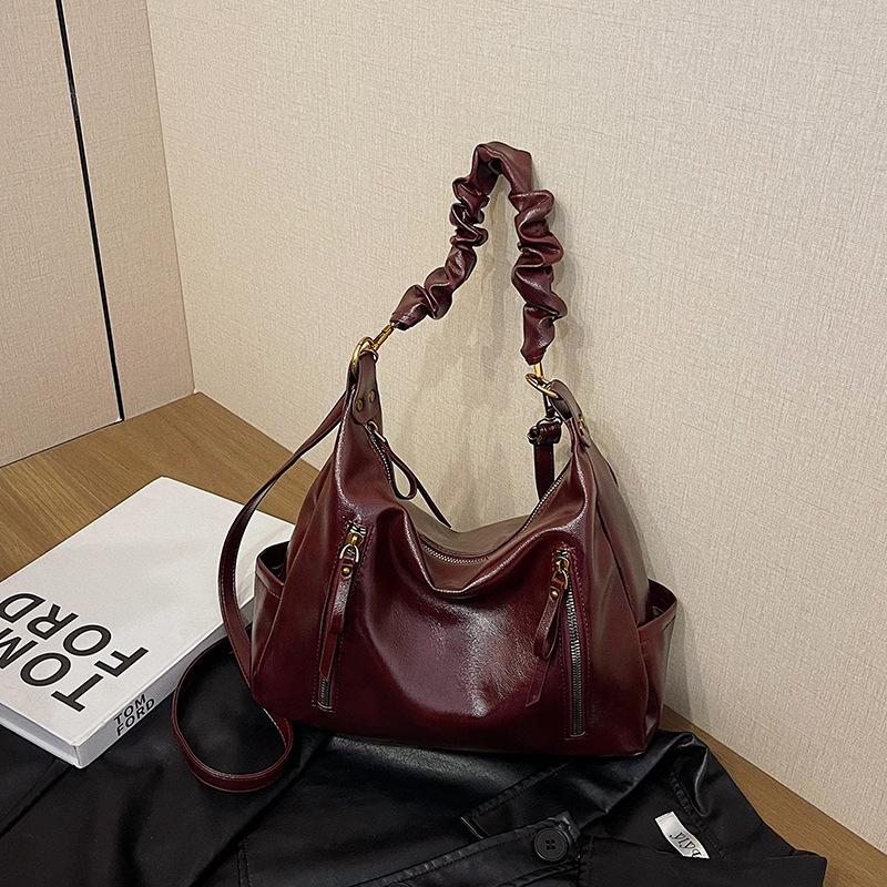 Crossbody Bag Women's Large-capacity Oil Wax Leather Shoulder Bag Women's Double Zipper Handbag Women's Office Bag Commuting