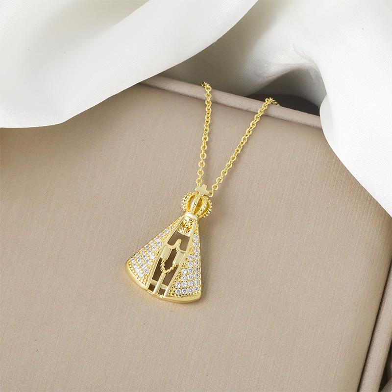 Religious Virgin Mary Pendant Necklace - Hypoallergenic Copper Plated Collar Chain with Cubic Zirconia Slavic Cross