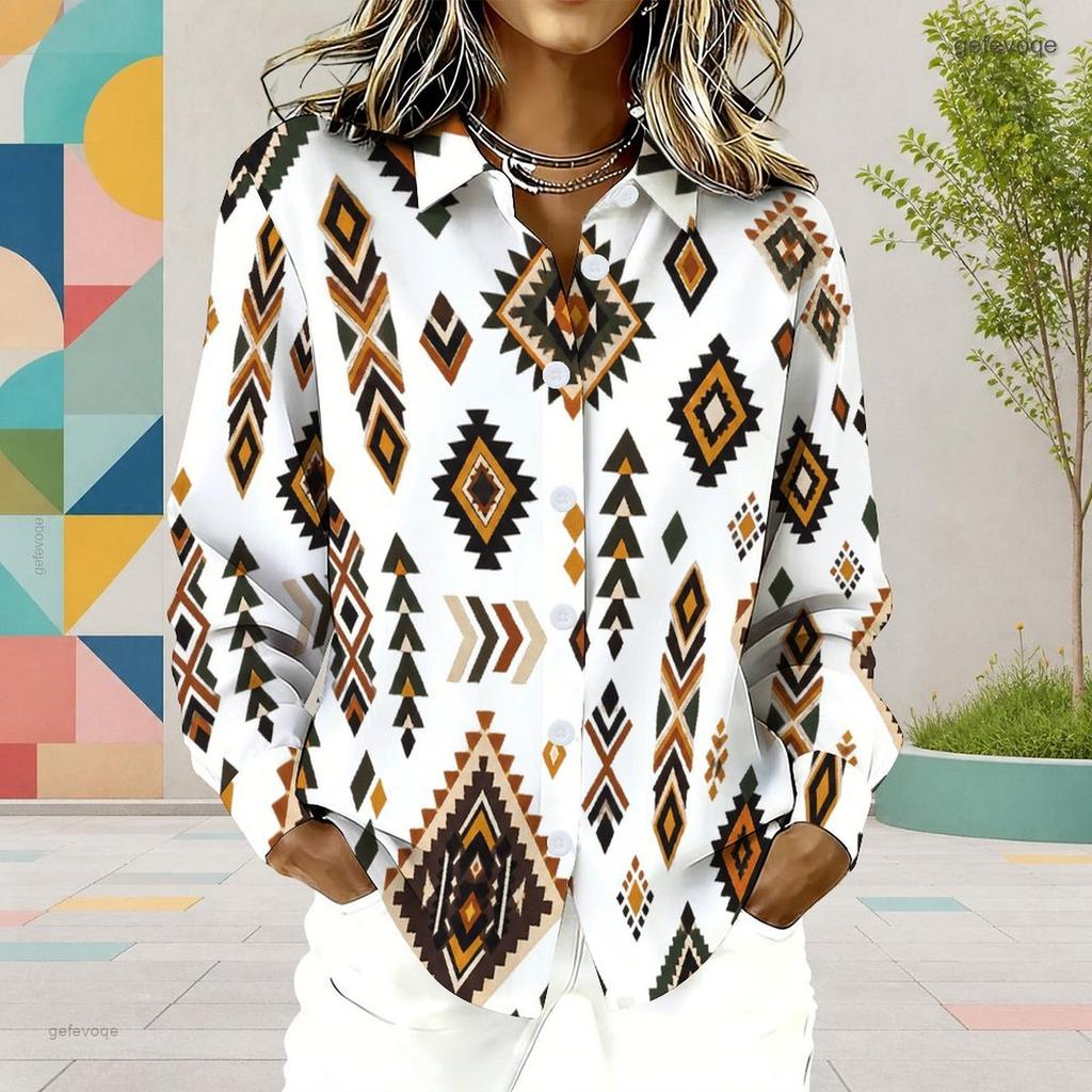 Women Plus Size Collared Long Sleeve Printed Red Floral Button Front Shirt Curved Hem