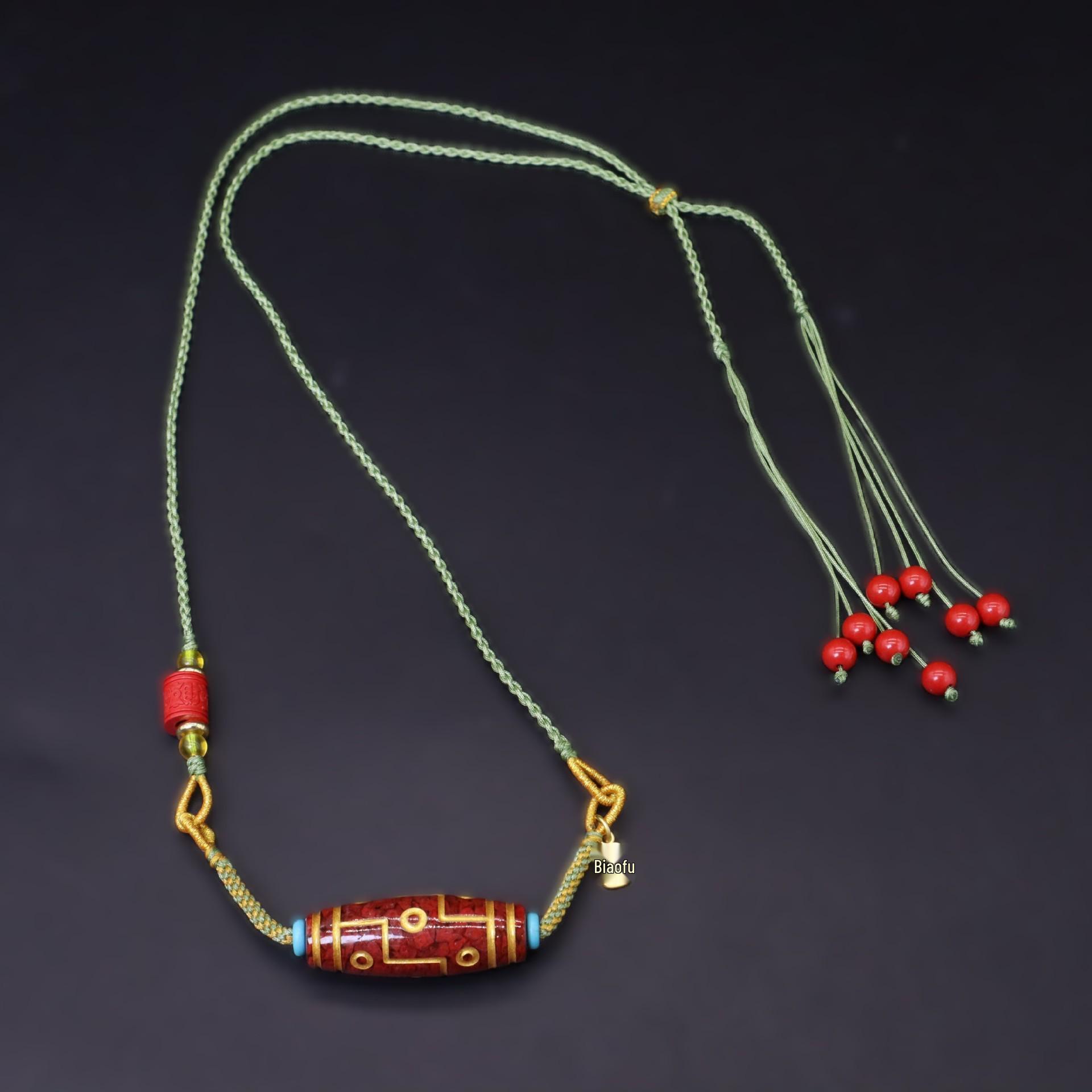 Exquisite Nine-Eyed Dzi Necklace with Gold Crystal Sand Cinnabar Bead Pendant, Adjustable and Authentic Guaranteed Authentic High-Content Cinnabar (75%-80%)