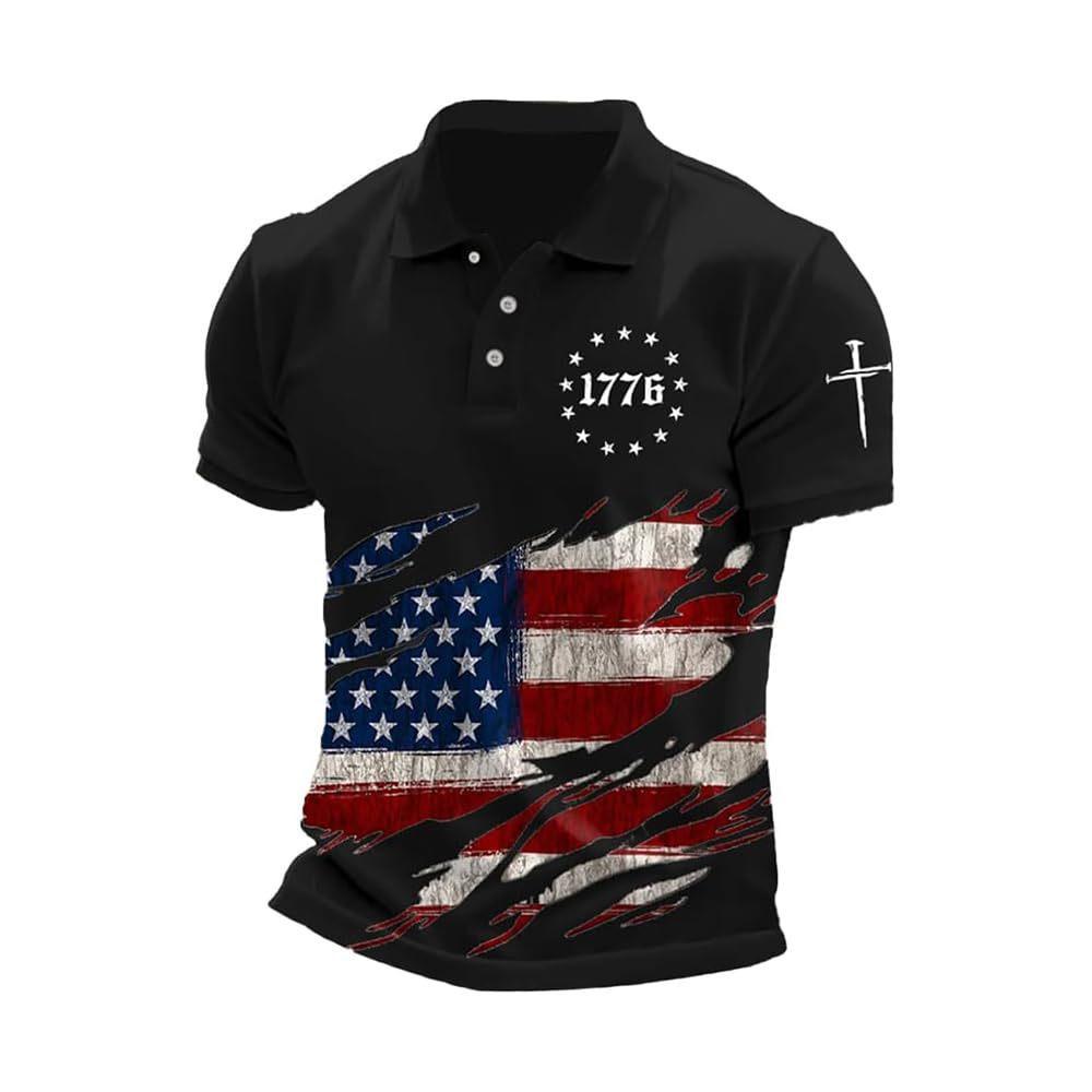 Patriotic 1776 Flag Print Short Sleeve Polo, Stylish Casual Top