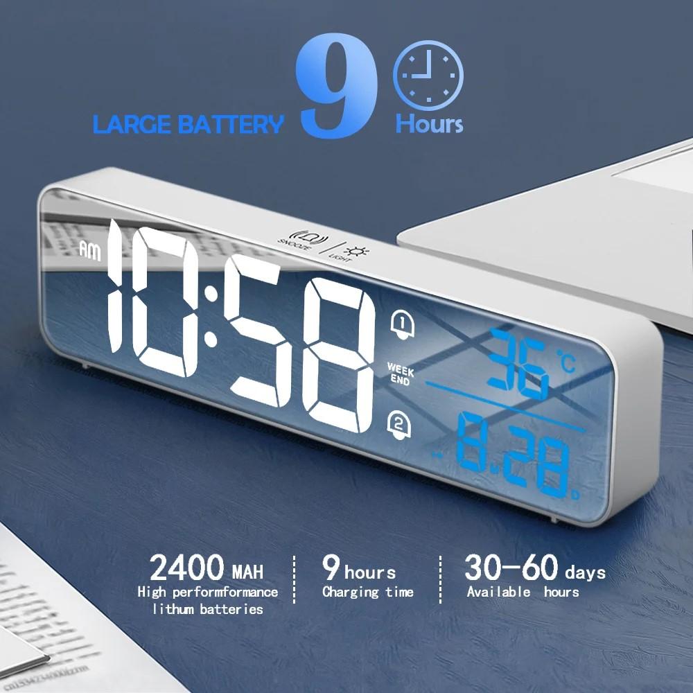 Charging mirror surface smart LED music wall clock with 2 sets of workday alarms 5 levels of brightness adjustable light
