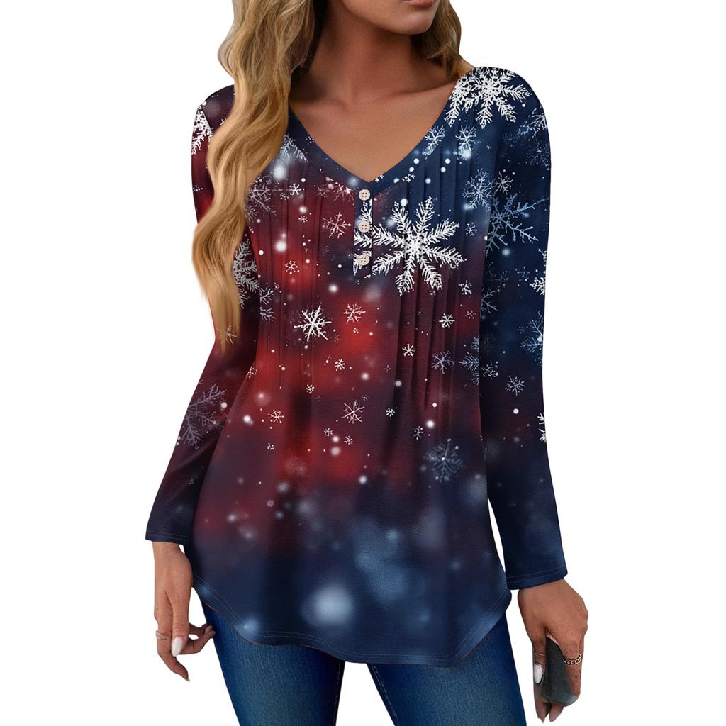 Women's Fashion Casual Christmas Tree Print V-Neck Decorative Button Long Sleeve T-Shirt Top