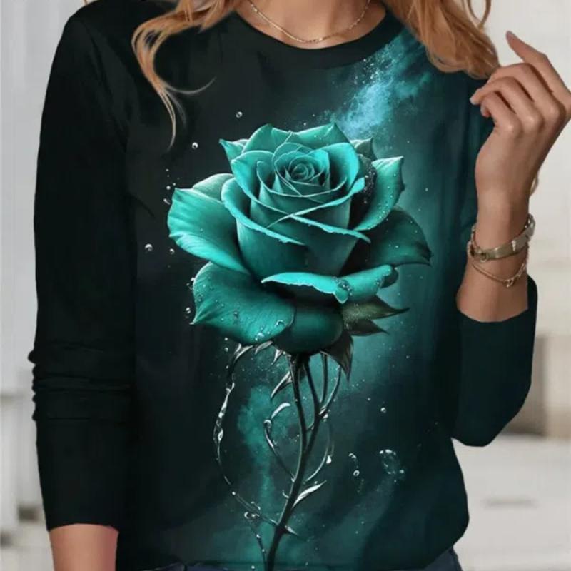 

Футболка Tie Dye з принтом квітів троянди Нові весняні жіночі сорочки з довгим рукавом Повсякденні сорочки з круглим вирізом Вільні топи великих розмірів Модний жіночий одяг 8XL