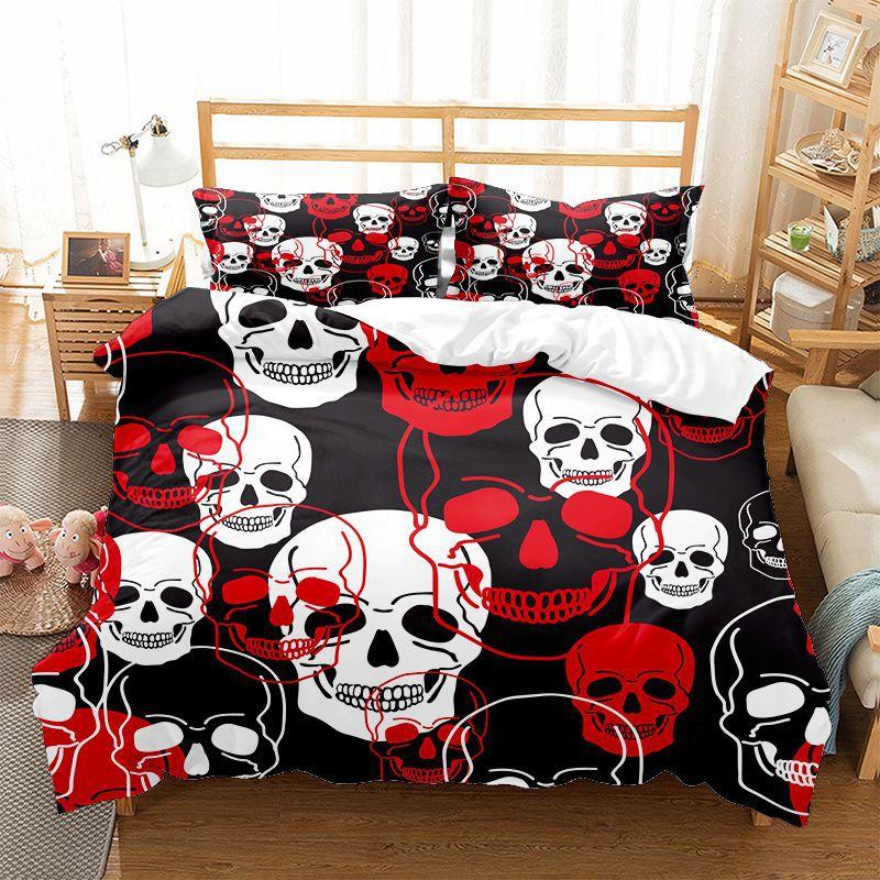 Totenkopf Bettbezug Set 3D Druck Rot Schwarz Totenkopf Horror Thema King Queen Twin Full Size Polyester Bettdeckenbezug für Kinder Jungen