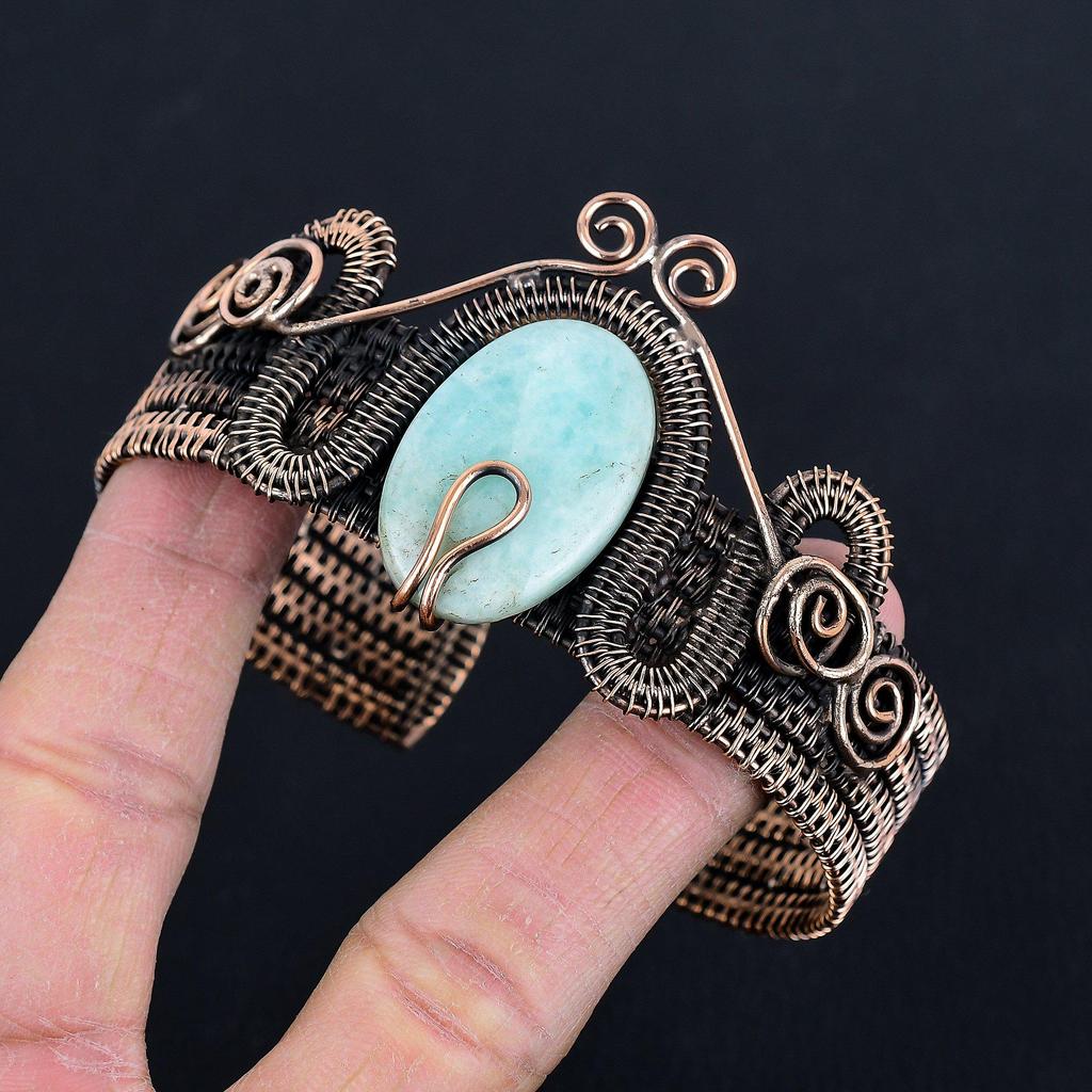 Amazonite Bangle 999 Copper Wire Wrapped Cuff Bracelet, Adjustable Bangle Gemstone Jewelry, Gift For Mom Handmade Brand, New Jewelry