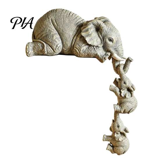 Modern Resin Craft for Home Decoration Elephant Shelf Sitter, Mother Hanging 2 Baby Elephants on The Whimsical Statue Garden Fence Edge, Hand-Painted