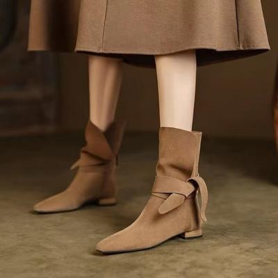Mode NEU 2024 Damen Lederstiefel Handgefertigt Hohe Qualität Flats Armeegrün Kurze Stiefel mit Riemen Schleife Schuhe Herbst Winter Mode
