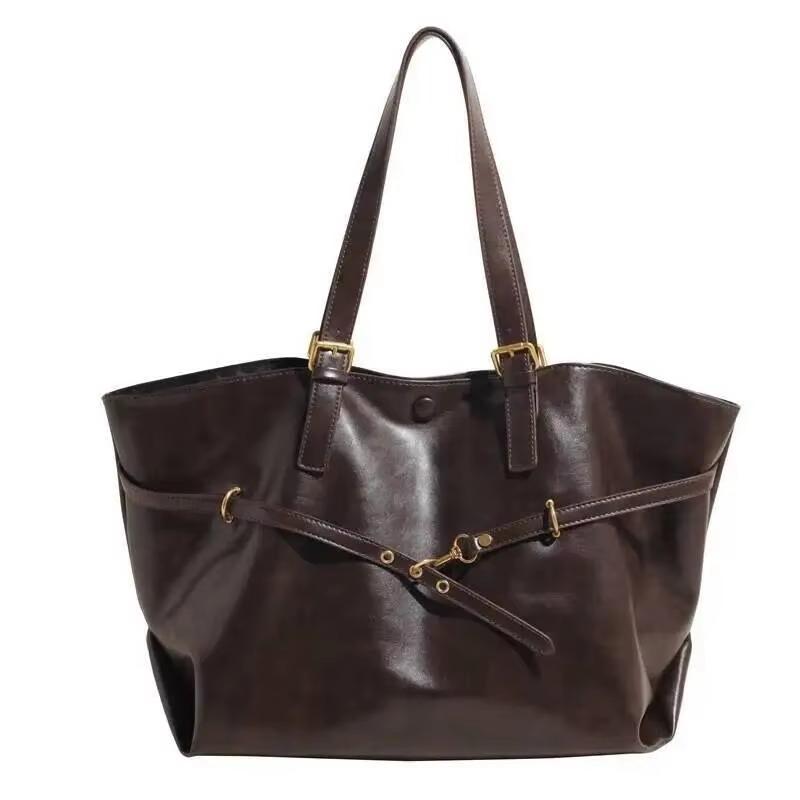 Bruine Grote Vintage Tote Bag Metalen Gesp Decoratie Casual Schoudertas Veelzijdige Forens Elegante Dames Handtas koffie