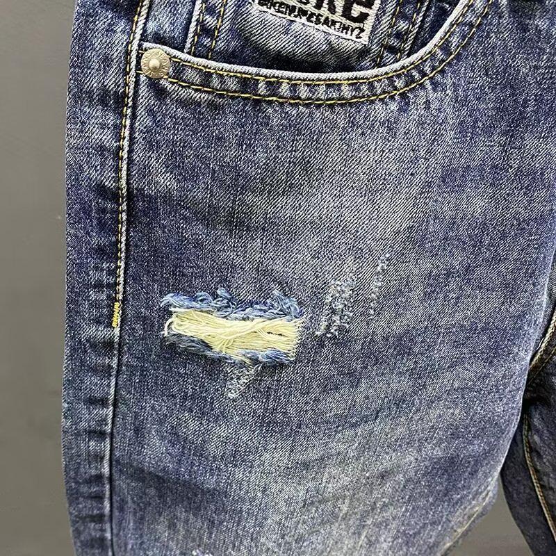 Men's Slim Fit Denim Shorts with Ripped Details - Casual American and Korean Style