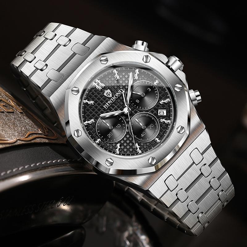 Mens Chronograph Wrist Watch Stainless Steel Band Analog Quartz Watches Waterproof Luminous Calendar Multi‑Dial Business Casual Watch for Men