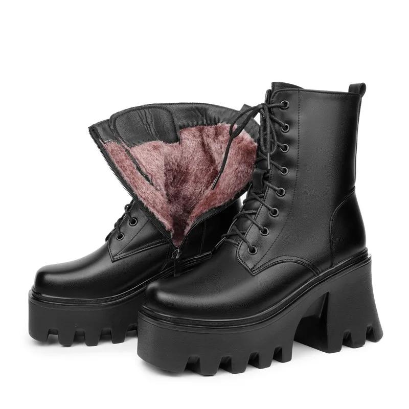 

Женские ботильоны на платформе с высоким каблуком из натуральной кожи и шерсти, теплые зимние ботинки, женские модные байкерские ботинки со шнуровкой для женщин 35