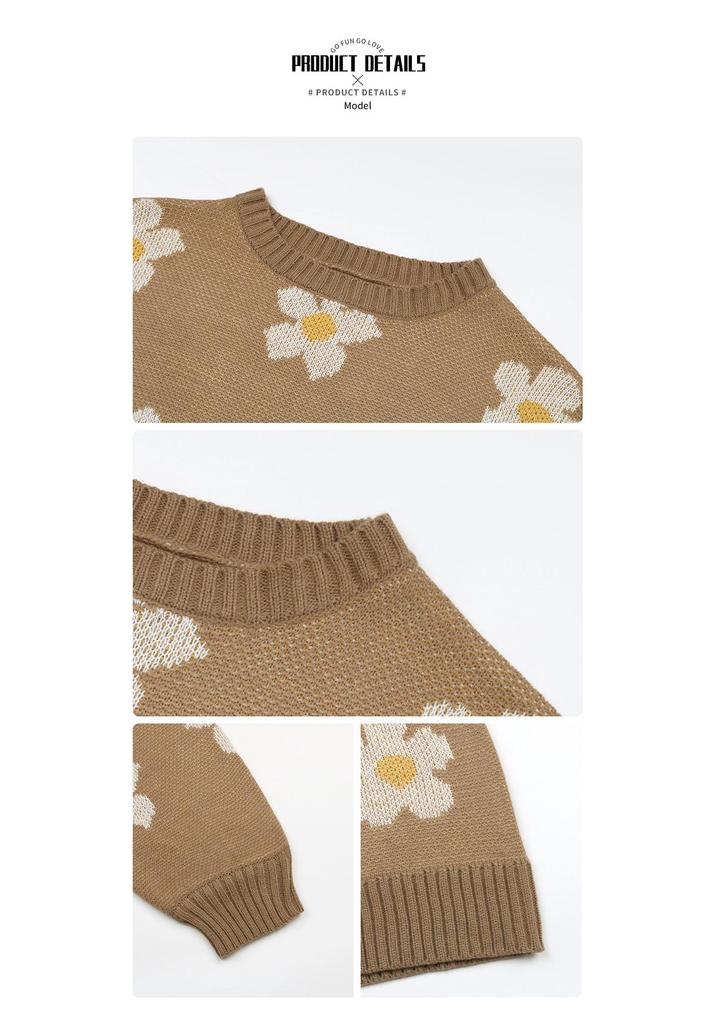Autumn 2024 Women's Floral Knit Pullover Sweater - European & American Style, Long Sleeve, Round Neck, Casual Fit