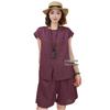 Solid Color Linen Summer Suit: Trendy Round Neck T-shirt + Shorts Two-Piece Set for Moms.