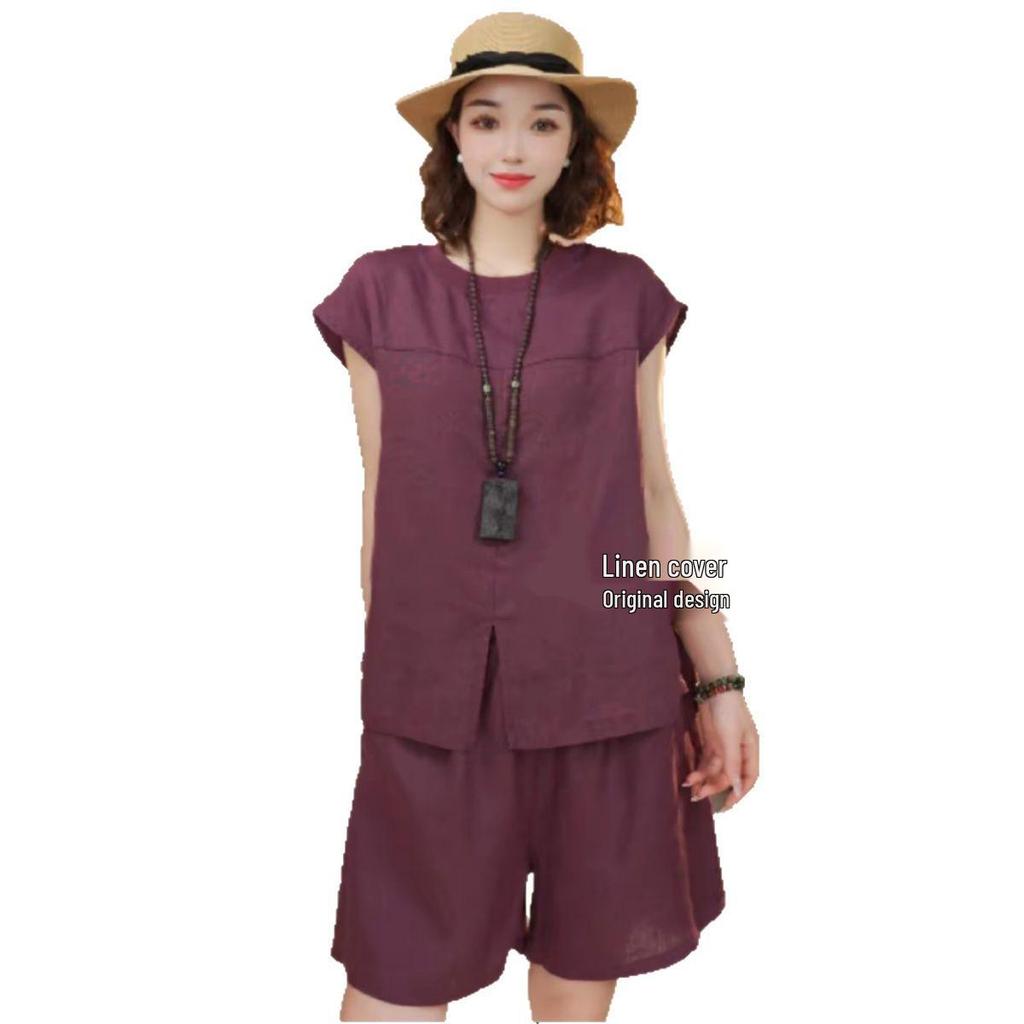 Solid Color Linen Summer Suit: Trendy Round Neck T-shirt + Shorts Two-Piece Set for Moms.