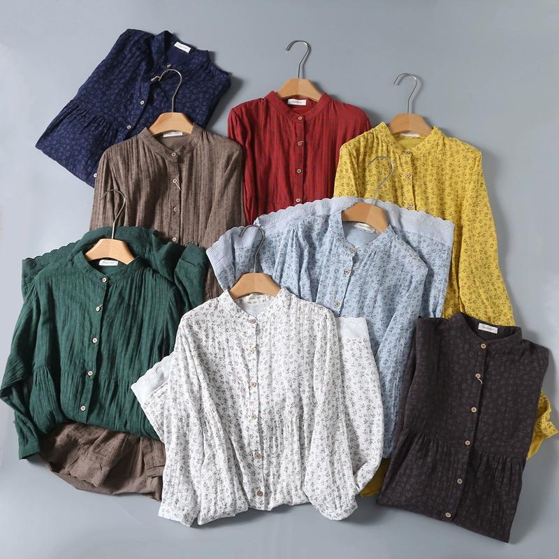 8 Colors Lamtrip-Retro Floral Cotton Yarn Long Sleeve Single Breasted  Robe Casual  Soft House Dress