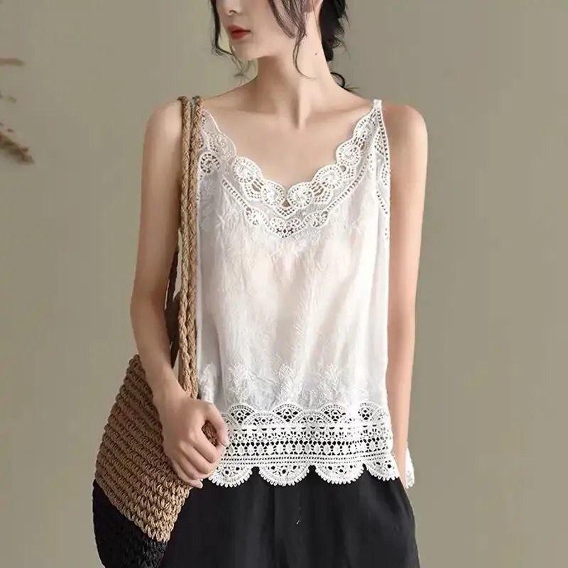 Sommer Retro Baumwolle und Leinen Camisole Künstlerisch Schlicht Dünn Vielseitiges Basic-Shirt Waldspitze Weste für Damen