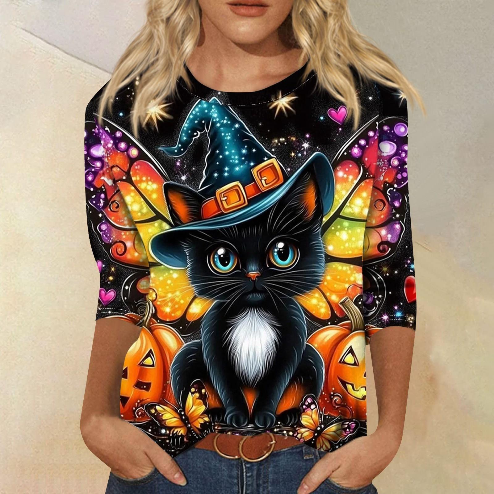 

Women s Fashion Casual Three-quarter Sleeve Halloween Printed Round Neck Top M шафрановий