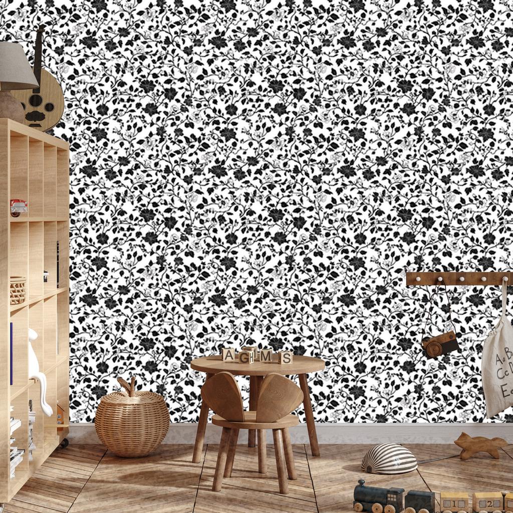 Wallpaper Black and white flowers gray and light gray 50x1000