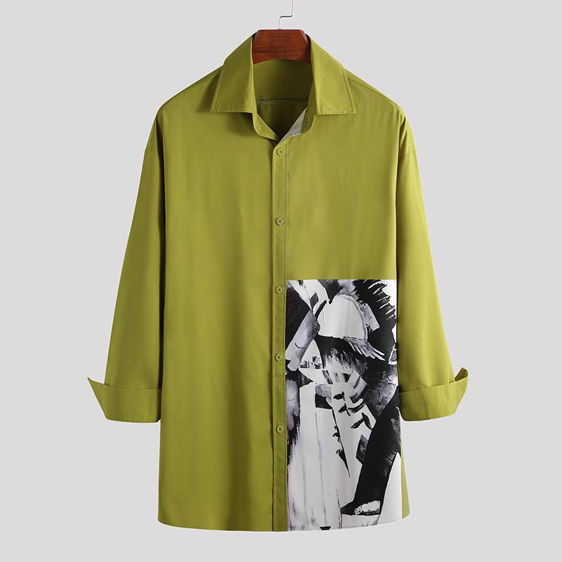 INCERUN Japanese and Korean Style Oversized Men Hip Hop Printed Shirts Casual Lapel Collar Long Sleeve Blouse Loose T-shirt