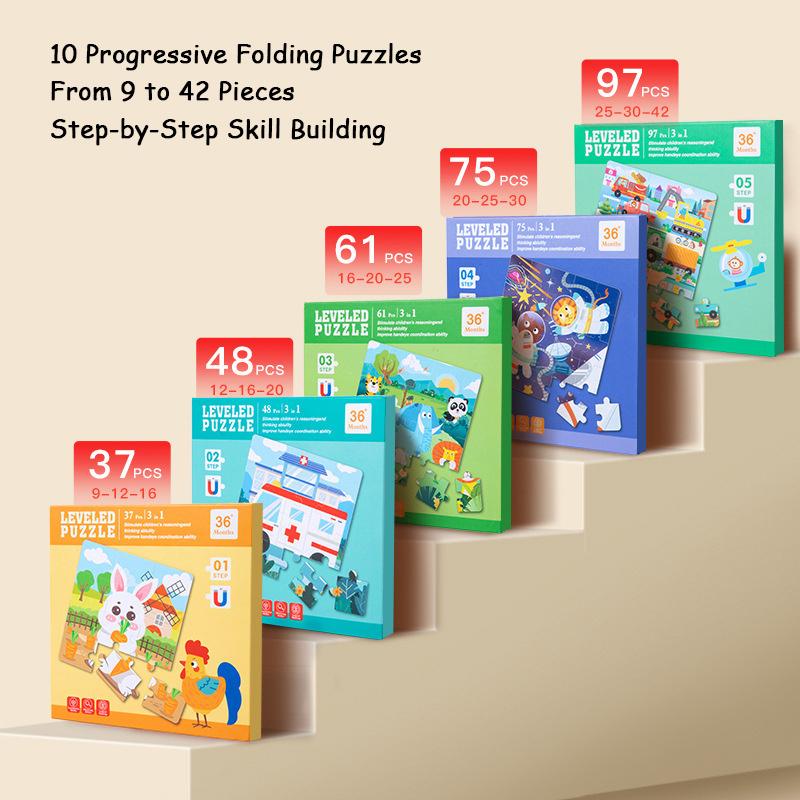 Magnetická zvířátka a vozidla puzzle set pro batolata - Progresivní 5-fázové výukové desky se scénami s velkými dílky