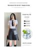 Wang Xinling High-Waisted Pleated Skirt: Short Front, Long Back, 4-Stripes, Slimming A-Line Mini Skirt.