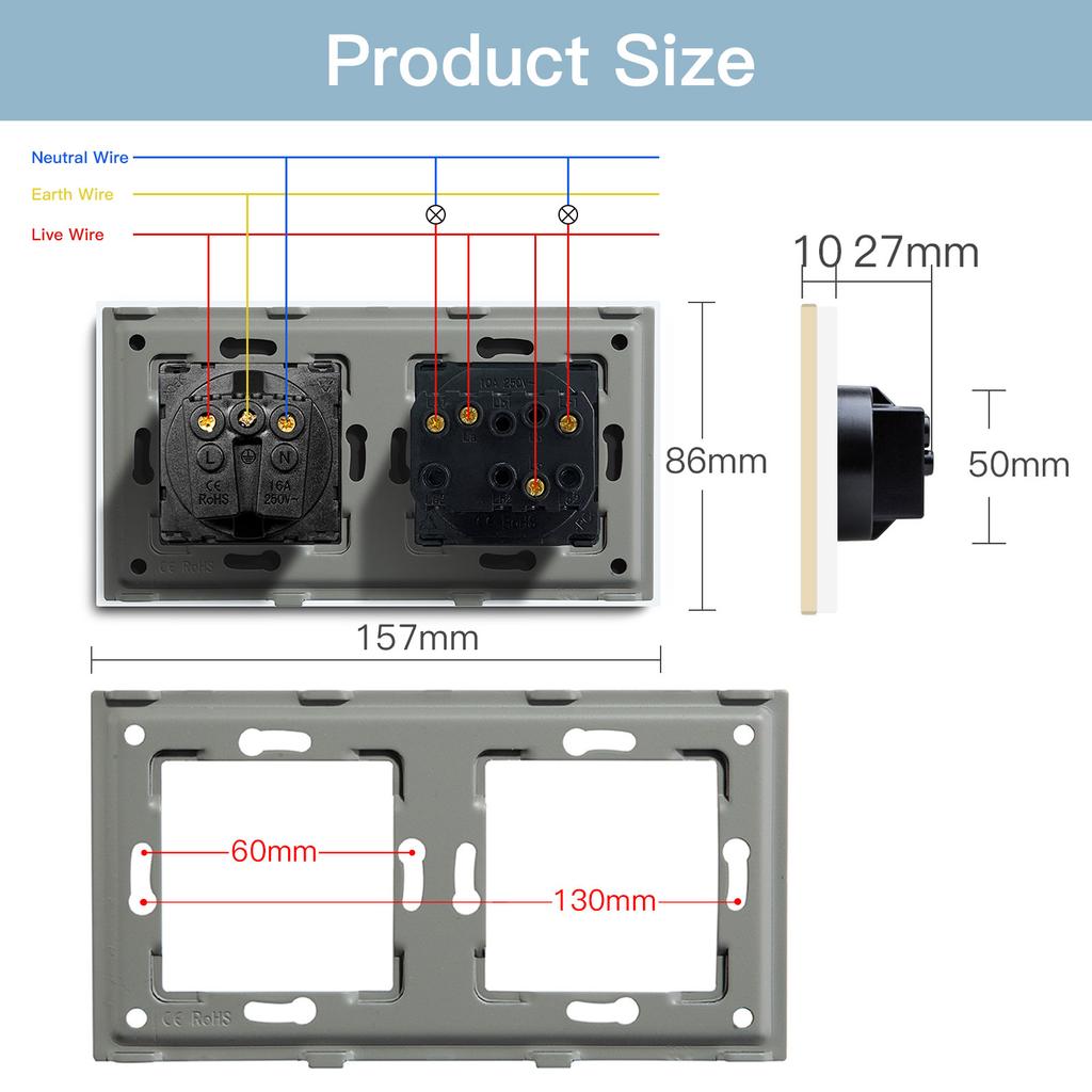 BSEED 1/2/3-fach Mechanische Taster Wandschalter Ein Aus Glas Stromschalter 2,1A Typ-C USB-Steckdose EU-Standard 1-Weg