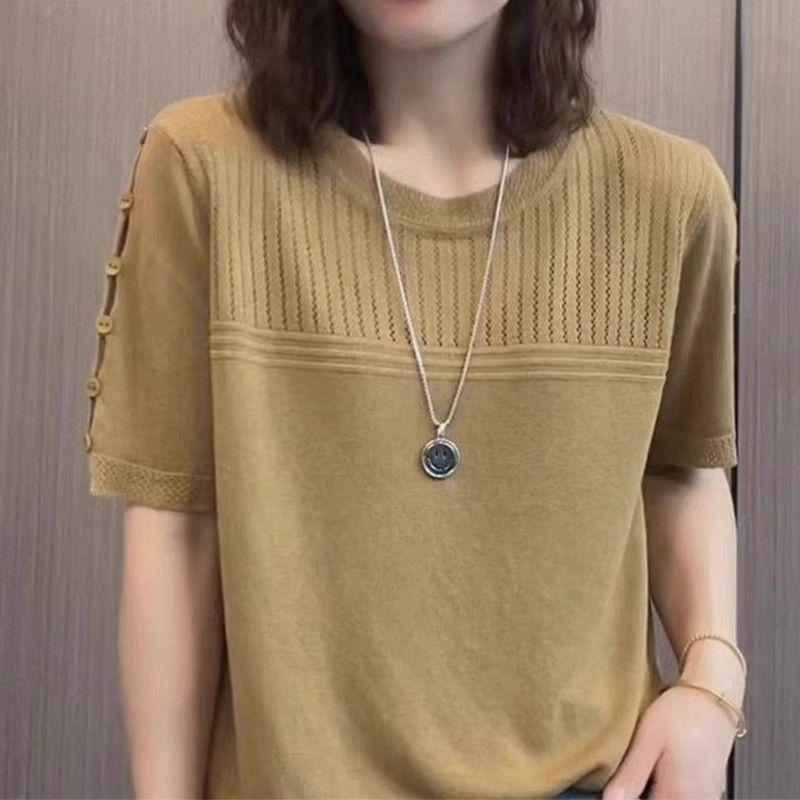 Summer New Middle Aged Women's Ice Silk Knitted Shirt Short Sleeve T-shirt Plus Size Top