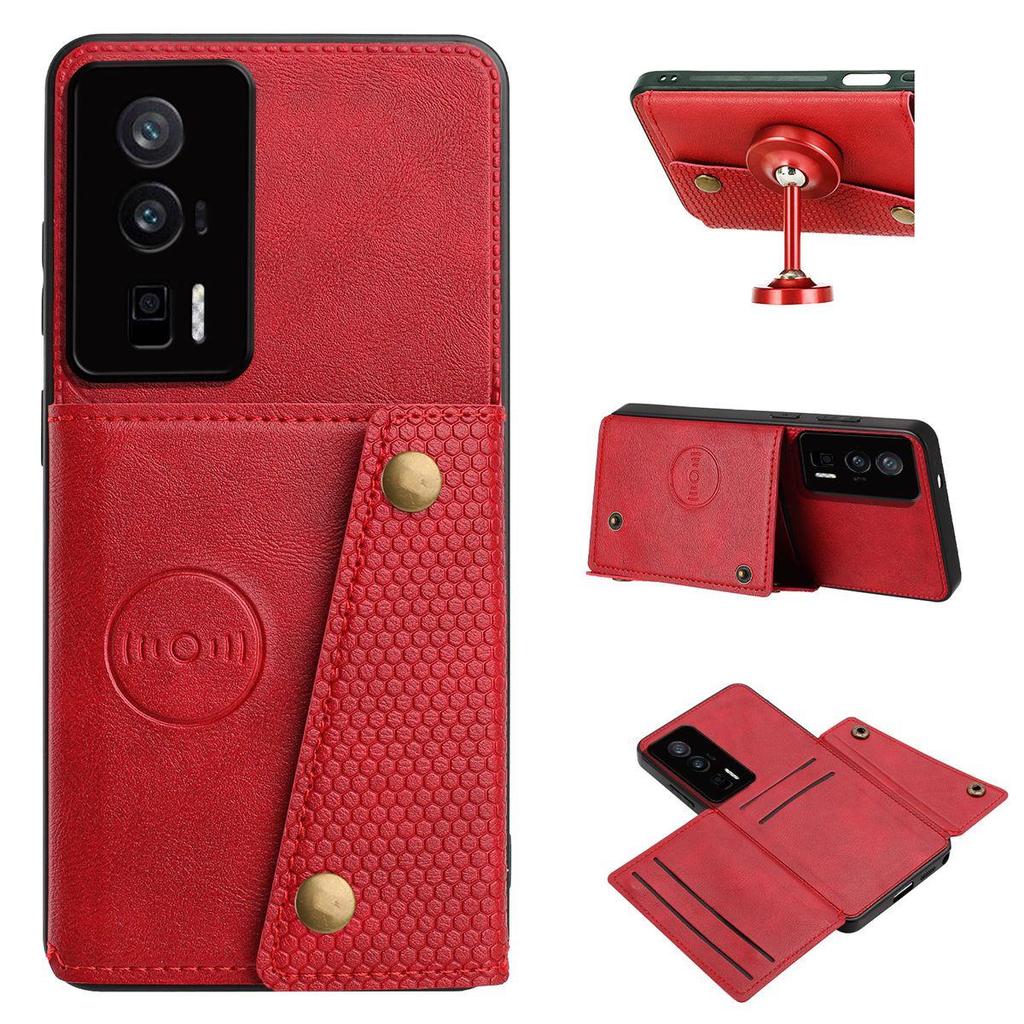 PU Leather Wallet Phone Case for Xiaomi POCO F5 Pro Multiple Card Slots Dual Metal Button Closure Shockproof Full‑Body Protective Cover