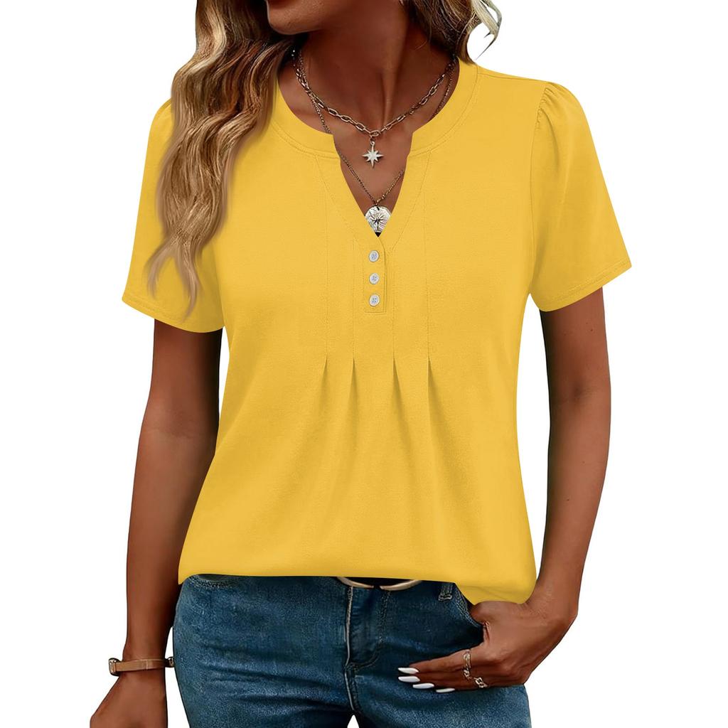 Damen Oberteile Festlich Lässig V-Ausschnitt Kurzarm Hemden Plissierte Blusen Knopfleiste Tunika