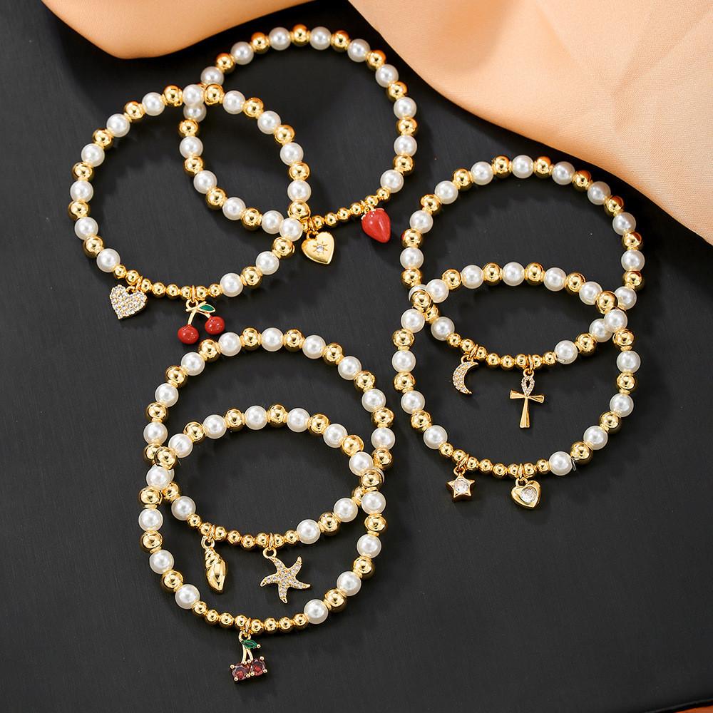 Fashion Pearl And Copper Fruit Charm Bracelet For Women And Men With Heart And Cross Pendants
