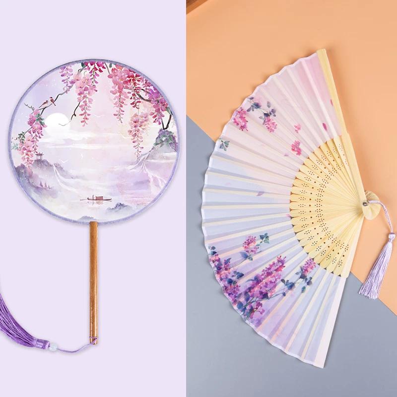 Archaistic Circular Fan Long Handle Tassel Kids Small Folding Fan Semi-Transparent Costume Women's Han Chinese Clothing Cheongsam Fan Summer Dance Fan