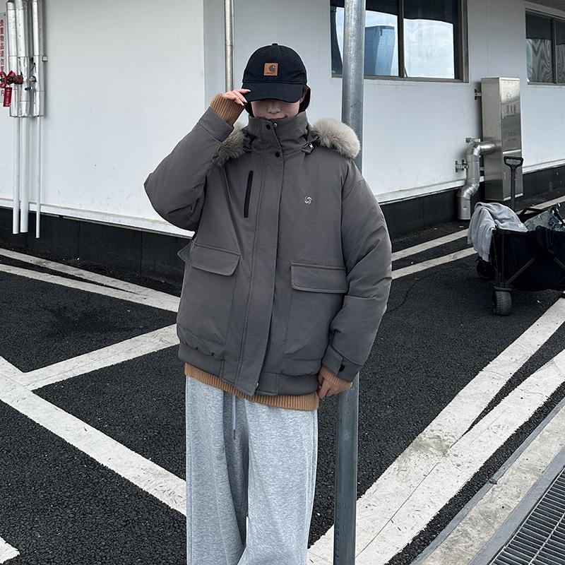 Big fur collar down cotton clothes women's short loose thickened large pocket tooling hooded jacket